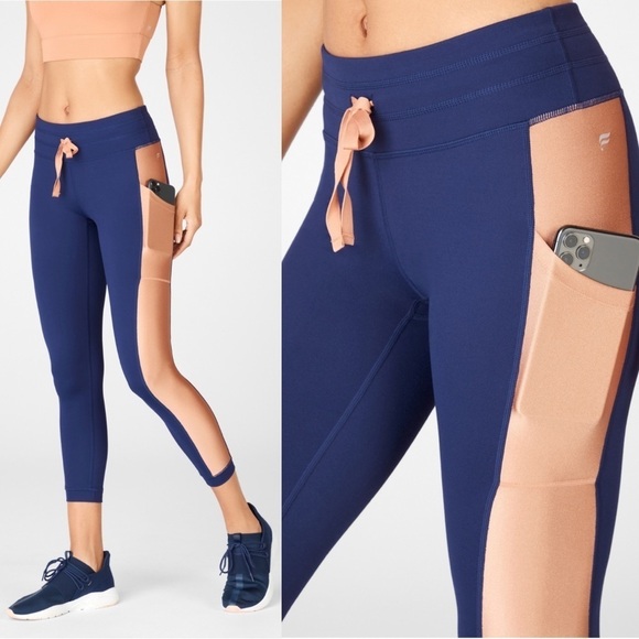 Fabletics Powerhold Define Mid Rise Jogger Style Gold Stripe Blue Leggings - Picture 1 of 10